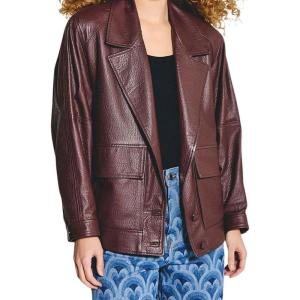 imagechouyatou Womens Button Down Faux Leather Jacket Notched Lapel PU Leather Coat with PocketsBrown