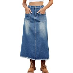 imagechouyatou Womens Casual ALine Frayed Maxi Denim Skirt Distressed High Waisted Long Jean SkirtBlue