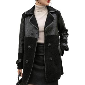 imagechouyatou Womens Casual Lapel Double Breasted Pu Faux Leather Jacket Reversible Trench CoatBlack