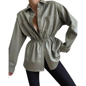 imagechouyatou Womens Casual Long Sleeve Button Down Shirts Pu Faux Leather Peplum JacketMatcha Green