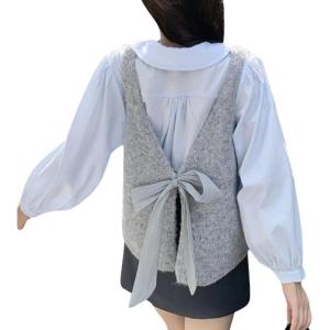 imagechouyatou Womens Cute Backless Sweater Vest Reversible Back Tie Knot Crewneck Sleeveless Knit Tank TopsGrey