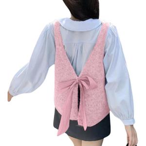 imagechouyatou Womens Cute Backless Sweater Vest Reversible Back Tie Knot Crewneck Sleeveless Knit Tank TopsPink