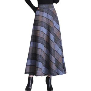 imagechouyatou Womens Elastic Waist Plaid Wool Blend Skirt Checkered Pattern A Line Pleated Wool Long Skirt with PocketsGray Blue