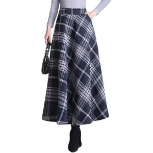 imagechouyatou Womens Elastic Waist Plaid Wool Blend Skirt Checkered Pattern A Line Pleated Wool Long Skirt with PocketsNavy Blue