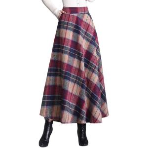 imagechouyatou Womens Elastic Waist Plaid Wool Blend Skirt Checkered Pattern A Line Pleated Wool Long Skirt with PocketsRed