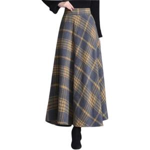 imagechouyatou Womens Elastic Waist Plaid Wool Blend Skirt Checkered Pattern A Line Pleated Wool Long Skirt with PocketsYellow Gray
