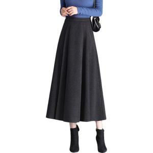 imagechouyatou Womens Elegant A Line Pleated Wool Skirt Swing High Waist Midi Long Skirt with PocketsGrey