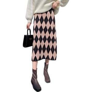 imagechouyatou Womens Elegant Argyle Plaid Pattern Elastic Waist Jacquard Knit Midi Pencil SkirtBlack Khaki