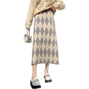 imagechouyatou Womens Elegant Argyle Plaid Pattern Elastic Waist Jacquard Knit Midi Pencil SkirtGray Apricot