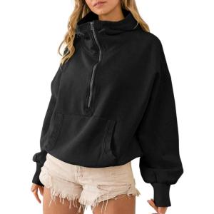imagechouyatou Womens Fall Casual Half Zip Hoodie Long Sleeve Oversized Drawstring Hooded Pullover Sweatshirt TopsBlack