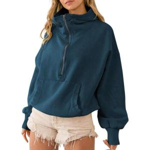 imagechouyatou Womens Fall Casual Half Zip Hoodie Long Sleeve Oversized Drawstring Hooded Pullover Sweatshirt TopsBlue