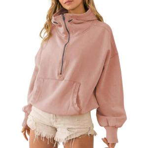 imagechouyatou Womens Fall Casual Half Zip Hoodie Long Sleeve Oversized Drawstring Hooded Pullover Sweatshirt TopsDirty Pink