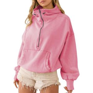 imagechouyatou Womens Fall Casual Half Zip Hoodie Long Sleeve Oversized Drawstring Hooded Pullover Sweatshirt TopsPink