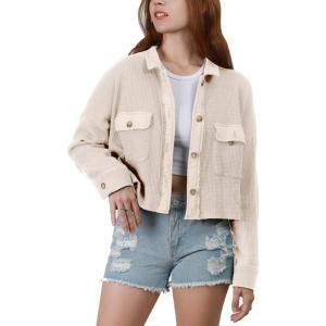 imagechouyatou Womens Fall Cropped Waffle Knit Shacket Jacket Button Down Shirt TopsApricot