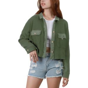 imagechouyatou Womens Fall Cropped Waffle Knit Shacket Jacket Button Down Shirt TopsArmy Green