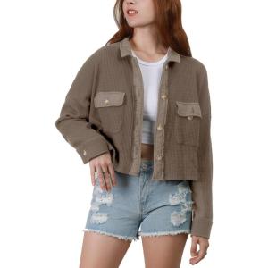 imagechouyatou Womens Fall Cropped Waffle Knit Shacket Jacket Button Down Shirt TopsCoffee