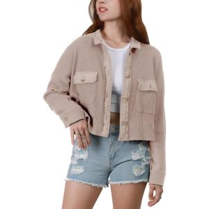 imagechouyatou Womens Fall Cropped Waffle Knit Shacket Jacket Button Down Shirt TopsKhaki