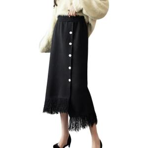 imagechouyatou Womens Fall Winter Elegant Houndstooth Tassels Fringe Knit Skirt Elastic A Line Long Midi Sweater SkirtBlack
