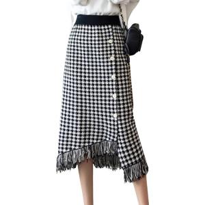 imagechouyatou Womens Fall Winter Elegant Houndstooth Tassels Fringe Knit Skirt Elastic A Line Long Midi Sweater SkirtHoundstooth