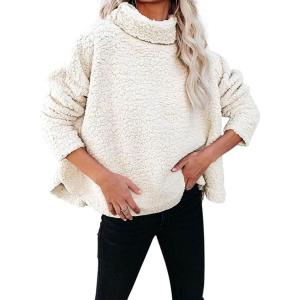 imagechouyatou Womens Oversized Fuzzy Long Sleeve Turtleneck Sherpa Fleece Pullover SweatshirtBeige
