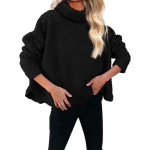 imagechouyatou Womens Oversized Fuzzy Long Sleeve Turtleneck Sherpa Fleece Pullover SweatshirtBlack