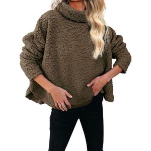 imagechouyatou Womens Oversized Fuzzy Long Sleeve Turtleneck Sherpa Fleece Pullover SweatshirtDark Green