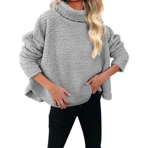 imagechouyatou Womens Oversized Fuzzy Long Sleeve Turtleneck Sherpa Fleece Pullover SweatshirtGrey