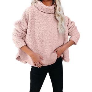 imagechouyatou Womens Oversized Fuzzy Long Sleeve Turtleneck Sherpa Fleece Pullover SweatshirtPink