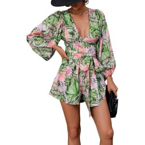 imagechouyatou Womens Sexy Tie Knot Lantern Sleeve Floral Print Wide Leg Boho Romper Shorts JumpsuitGreen