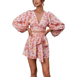 imagechouyatou Womens Sexy Tie Knot Lantern Sleeve Floral Print Wide Leg Boho Romper Shorts JumpsuitRed