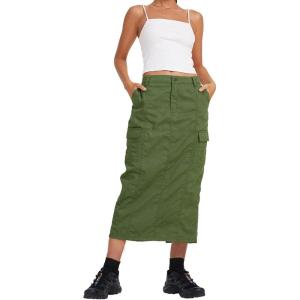 imagechouyatou Womens Summer Fashion Long Y2k Cargo Skirt ALine Midi Skirt with Cargo PocketsArmy Green
