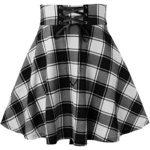 imagechouyatou Womens Versatile Lace Up High Waist ALine Plaid Mini Skater SkirtBlack
