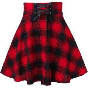 imagechouyatou Womens Versatile Lace Up High Waist ALine Plaid Mini Skater SkirtRed