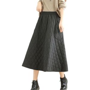 imagechouyatou Womens Winter Quilted Long Skirt Elastic Waist ALine Insulated Swing Midi Skirt with PocketsBlack
