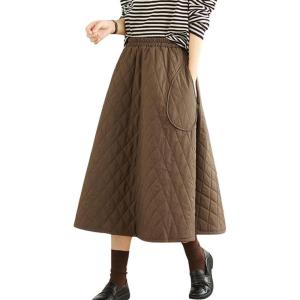 imagechouyatou Womens Winter Quilted Long Skirt Elastic Waist ALine Insulated Swing Midi Skirt with PocketsCoffee Brown