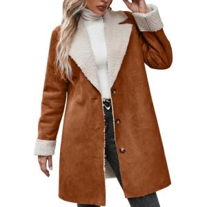 imagechouyatou Womens Winter Sherpa Lined Faux Suede Leather Jacket Oversized Notch Lapel Mid Long OvercoatBrown