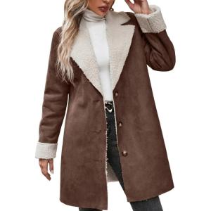 imagechouyatou Womens Winter Sherpa Lined Faux Suede Leather Jacket Oversized Notch Lapel Mid Long OvercoatCoffee