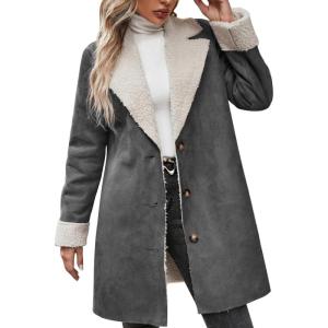 imagechouyatou Womens Winter Sherpa Lined Faux Suede Leather Jacket Oversized Notch Lapel Mid Long OvercoatDark Grey