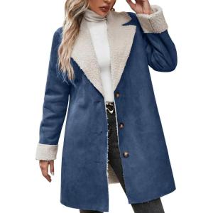 imagechouyatou Womens Winter Sherpa Lined Faux Suede Leather Jacket Oversized Notch Lapel Mid Long OvercoatNavy Blue