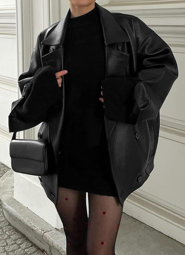 imagechouyatou Womens Vintage Faux Leather Bomber Jacket Double Breasted Oversized Coat Motorcycle JacketBlack