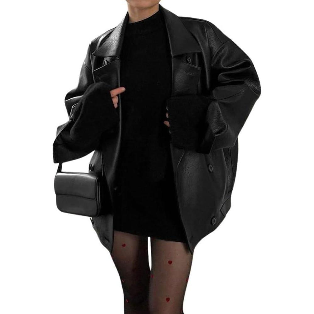 imagechouyatou Womens Vintage Faux Leather Bomber Jacket Double Breasted Oversized Coat Motorcycle JacketBlack
