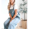 imagechouyatou Women Loose Adjustable Strap Denim Bib Overall Jeans Distressed Wide Leg Baggy Overalls JumpsuitBlue