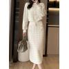 imagechouyatou Women Winter 2 Piece Sweater Skirt Sets Plaid Ribbed Knit Sweater Top Bodycon Midi Skirt OutfitsApricot