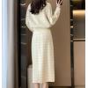 imagechouyatou Women Winter 2 Piece Sweater Skirt Sets Plaid Ribbed Knit Sweater Top Bodycon Midi Skirt OutfitsApricot