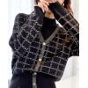 imagechouyatou Women Winter 2 Piece Sweater Skirt Sets Plaid Ribbed Knit Sweater Top Bodycon Midi Skirt OutfitsBlack