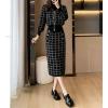 imagechouyatou Women Winter 2 Piece Sweater Skirt Sets Plaid Ribbed Knit Sweater Top Bodycon Midi Skirt OutfitsBlack