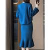 imagechouyatou Womens 2 Piece Outfits Long Sleeve Pullover Sweater and Package Hip Mermaid Midi Long Skirt SetsBlue