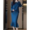 imagechouyatou Womens 2 Piece Outfits Long Sleeve Pullover Sweater and Package Hip Mermaid Midi Long Skirt SetsBlue