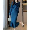 imagechouyatou Womens 2 Piece Outfits Long Sleeve Pullover Sweater and Package Hip Mermaid Midi Long Skirt SetsBlue