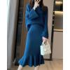 imagechouyatou Womens 2 Piece Outfits Long Sleeve Pullover Sweater and Package Hip Mermaid Midi Long Skirt SetsBlue